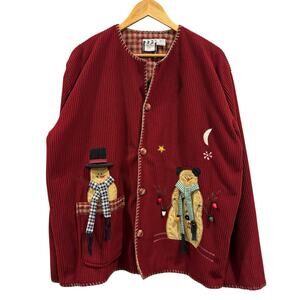 Red/Maroon Patchwork Snowman Ugly Christmas Sweater/Cardigan, Size XL